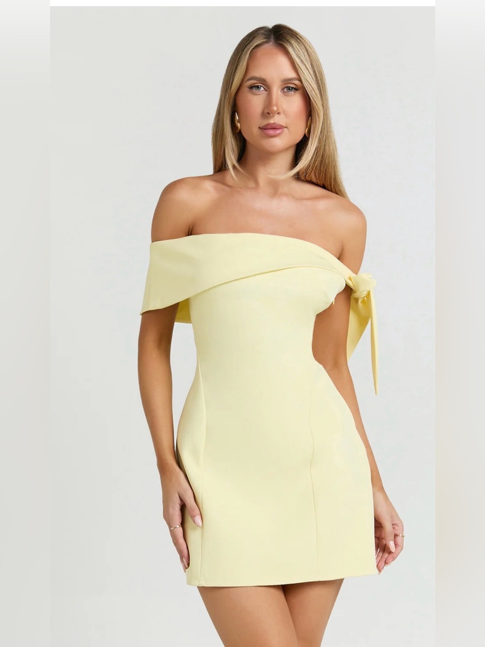 NWT Showpo/Saints CECILIA Off-Shoulder Tie Detail Lemon Yellow Mini Dress Small